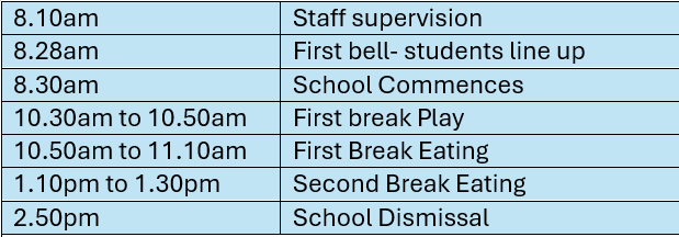 Table showing school daily timetable with supervision, bells, breaks, and dismissal times